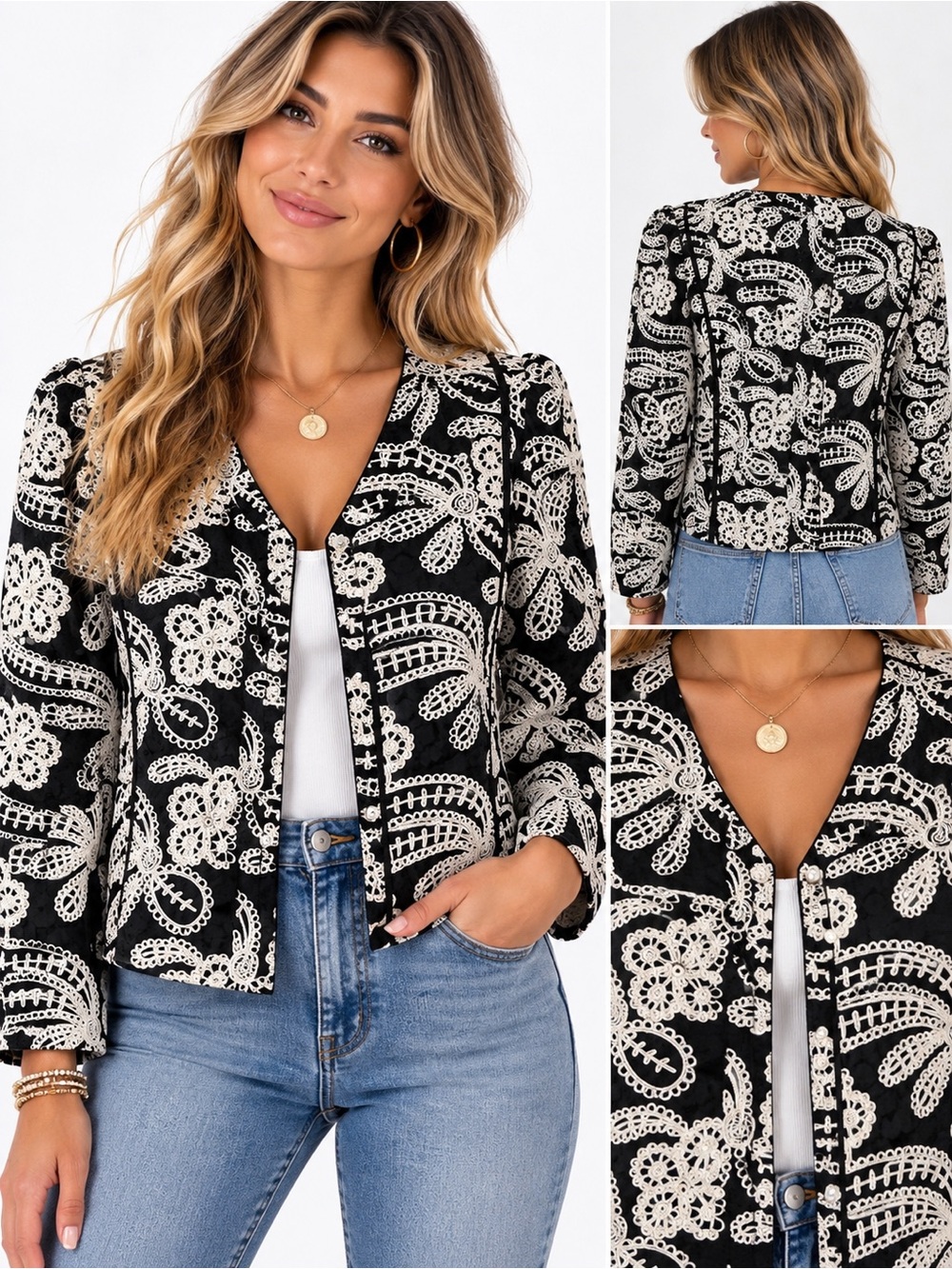 158.New Embroidered. Black & White Floral Lace Jacket